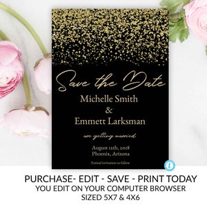 Black and Gold Save the Date Template, Save the Date Card Template, Black and Gold Wedding Template, Instant Download, Glam, Glitz, DIY