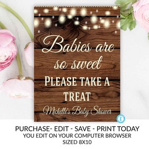 Rustic Baby Shower Sign Template, Baby Shower Favors Sign, Babies are Sweet Take a Treat Sign, Editable Baby Shower Sign, Instant Download image 1