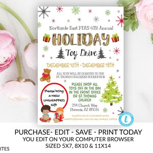 Holiday Toy Drive Flyer, Holiday Toy Drive Invitation, Editable, Printable, Church Fundraiser, PTO, PTA, Charity, Community Center, Flyer