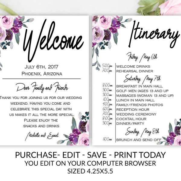 Purple Floral Wedding Welcome Note Template, Welcome Note, Wedding Template, Welcome Bag Letter, Hotel Card, Itinerary, Agenda, Printable