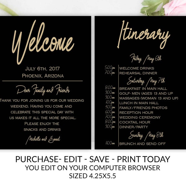 Wedding Itinerary Card Template Etsy