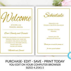 Gold Wedding Welcome Note Template, Welcome Note, Wedding Template, YOU EDIT, Welcome Bag Letter, Hotel Card, Itinerary, Gold, Printable,DIY