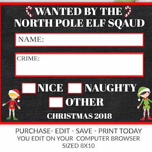 Christmas Holiday Wanted Mugshot Sign, Christmas, Holiday, Editable, Printable, Christmas Photo Booth Prop, Digital, Edit , Elf, North Pole