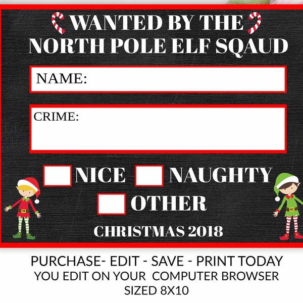 Christmas Holiday Wanted Mugshot Sign, Christmas, Holiday, Editable, Printable, Christmas Photo Booth Prop, Digital, Edit , Elf, North Pole