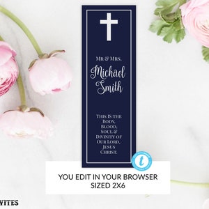 Baptism First Communion Religious Photo Strip Place Card Template Bookmark Photostrip Editable Printable DIY Dedication Navy Blue, Bookmark