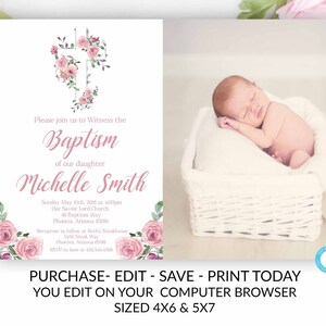 Girl Baptism Invitation, Floral Baptism Invitation Template, Baptism Invitation Template, Printable Baptism Invitation, Baptism Invitation
