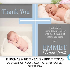 Baptism Thank You Template, Baptism Thank You Printable, Boy Baptism Thank You, Editable Communion Thank You, Party Invite Boy, You Edit