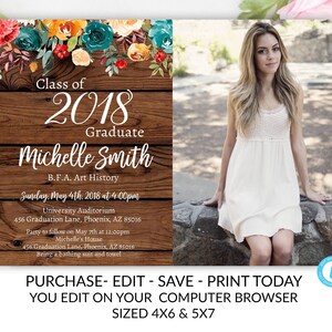 Floral Rustic Graduation Invitation Template, Instant Download, Rustic, Editable, Class of, Graduation, Senior, High school, College, DIY