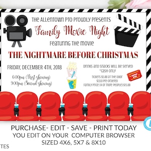 Family Movie Night Invitation Flyer Template, PTO, PTA, Movie Night, Church Fundraiser, Christmas Night Movie, Editable, Printable, School image 1