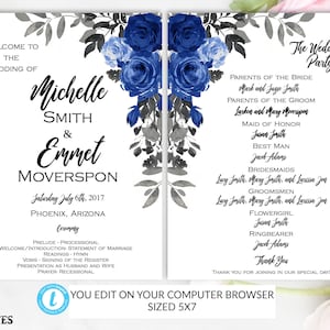 Blue Rose Wedding Ceremony Program Template Boho Editable Printable DIY Floral, Blue Rose, Wedding Program, Template Editable, Printable DIY