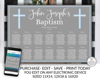 Editable Baptism Seating Chart, Religious Seating Chart Template, Find Your Seat, Boy Baptism, Baptism Printable, Instant Download, Cross