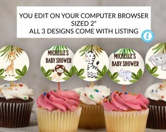 Safari Baby Shower Cupcake Toppers, Jungle Baby Shower Cupcake Toppers, Editable, Printable, You Edit, Printable Cupcake Toppers, Safari