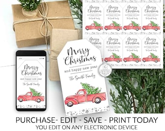 Personalizable Christmas Gift Tags, Printable Christmas Tags, Editable Christmas Template, Instant Download, Snowman, Red Truck, Gift Tag