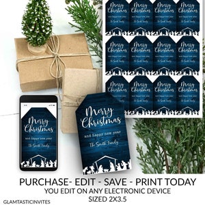 Nativity Christmas Gift Tags, Printable Christmas Tags, Editable Christmas Template, Instant Download, Snowflake, Personalized, DIY Gift Tag