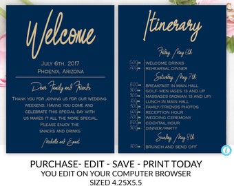 Blue and Gold Wedding Welcome Card Template, Wedding Welcome Template, Wedding Itinerary Template, DIY Wedding, Instant Download, Template