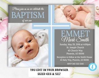 Baptism Invitation Boy Template, Baptism Invitation, Boy Baptism Invitation, Printable Baptism Invitation, You Edit, DIY, Instant Download
