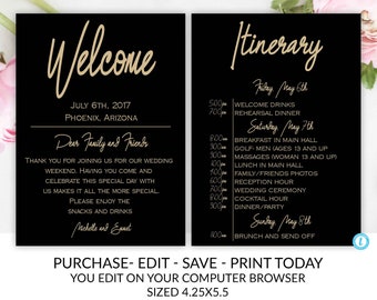 Black and Gold Wedding Welcome Card Template, Wedding Welcome Template, Wedding Itinerary Template, DIY Wedding, Instant Download, Template