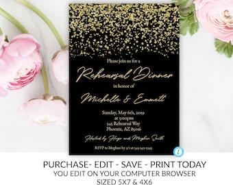 Rehearsal Dinner Invitation, Black and Gold Rehearsal Dinner Invitation, Wedding Rehearsal, Editable, Printable, Template, Glitz, Glam, DIY