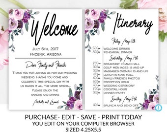 Purple Floral Wedding Welcome Note Template, Welcome Note, Wedding Template, Welcome Bag Letter, Hotel Card, Itinerary, Agenda, Printable