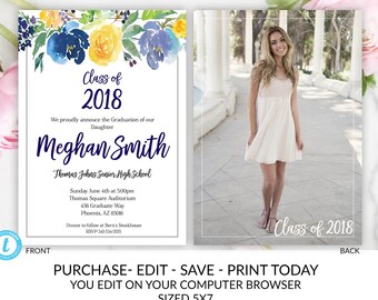 Graduation Invitation, Floral Graduation Invitation, College Graduation Invitation, Graduation TEMPLATE, YOU EDIT, Graduation Announcement