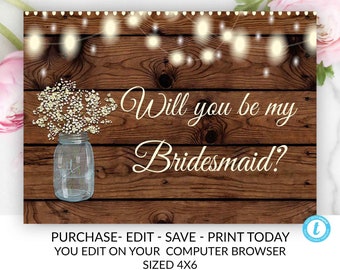 Will you be my Bridesmaid Template Card, Rustic Wedding, Rustic Will you be my Bridesmaid card, Bridesmaid proposal, Editable, Printable,DIY