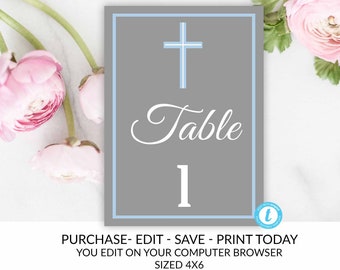 Table Number Template, Baptism Table Numbers, Blue and Grey Table Number, Template, You Edit, Religious Table Number, Cross, Editable, DIY