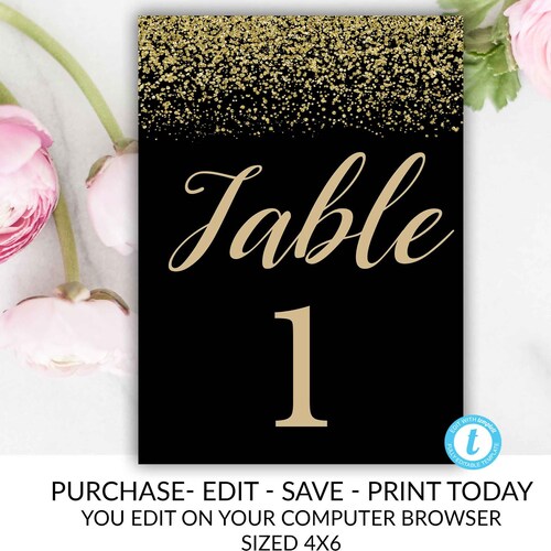 Black and Gold Table Numbers Gold Glitter Gold Wedding Etsy