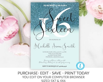 Steal Blue Glitter Sweet Sixteen Birthday Party Invitation Template, Editable, Sweet 16, Instant download, Steal Blue, Sweet Sixteen, DIY