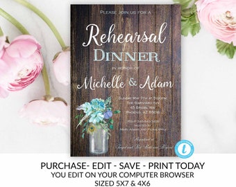 Rustic Boho Blue Cyan Country Rehearsal Dinner Invitation Template Editable Printable Vintage Floral, Rehearsal Dinner, Template, Boho, DIY