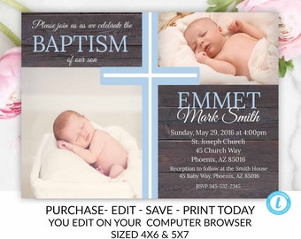 Baptism Invitation, Template, Baptism Invitation Printable, Boy Baptism Invitation, Printable Baptism Invitation, Invite Boy, You Edit, DIY