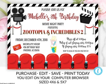 Movie Night Invitation, Movie Birthday Night Invitation, Movie Night, Birthday Invitation, Editable, Printable, Movie Ticket, Movie Invite