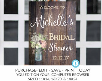 RUSTIC BRIDAL SHOWER Sign, Flower Bridal Shower Sign, Bridal Shower Template, Rustic Bridal Shower, Rustic, Baby Shower, Template, You Edit