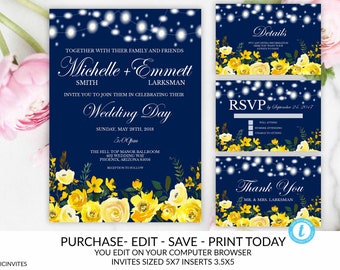wedding invitations blue and yellow etsy