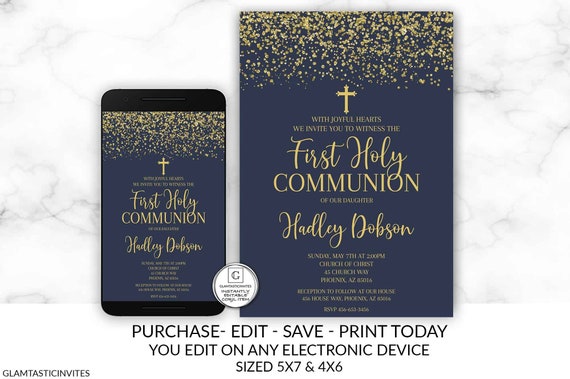 First Communion Invitation Template, Girl First Communion Invitation, Navy Blue Gold Communion Invite, Editable, Printable, Instant Download Il_570xn