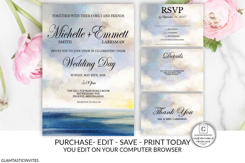 Beach Wedding Invitation Suite Template Wedding Invitation Etsy