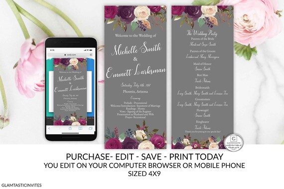 Plum Burgundy Merlot Wedding Program Template Editable Printable
