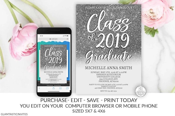 Silver Graduation Invitation Editable Printable Glitter Class Of High School College Masters Graduation Electronic Cheap Online Invite Gray Il_570xn