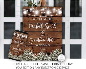 Rustic Wedding Welcome Sign Printable, Rustic Wedding Sign, Shower Sign, Instant Download, Welcome Sign Template, Printable, Baby's Breath