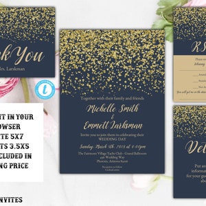 Navy Blue and Gold Wedding Invitation, Wedding Invitation Template, Elegant Wedding Invitation, Wedding Template Set, YOU EDIT, Navy, Gold