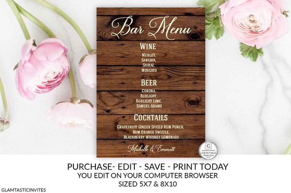 Rustic Country Wedding Bar Menu Editable Printable Wedding Bar