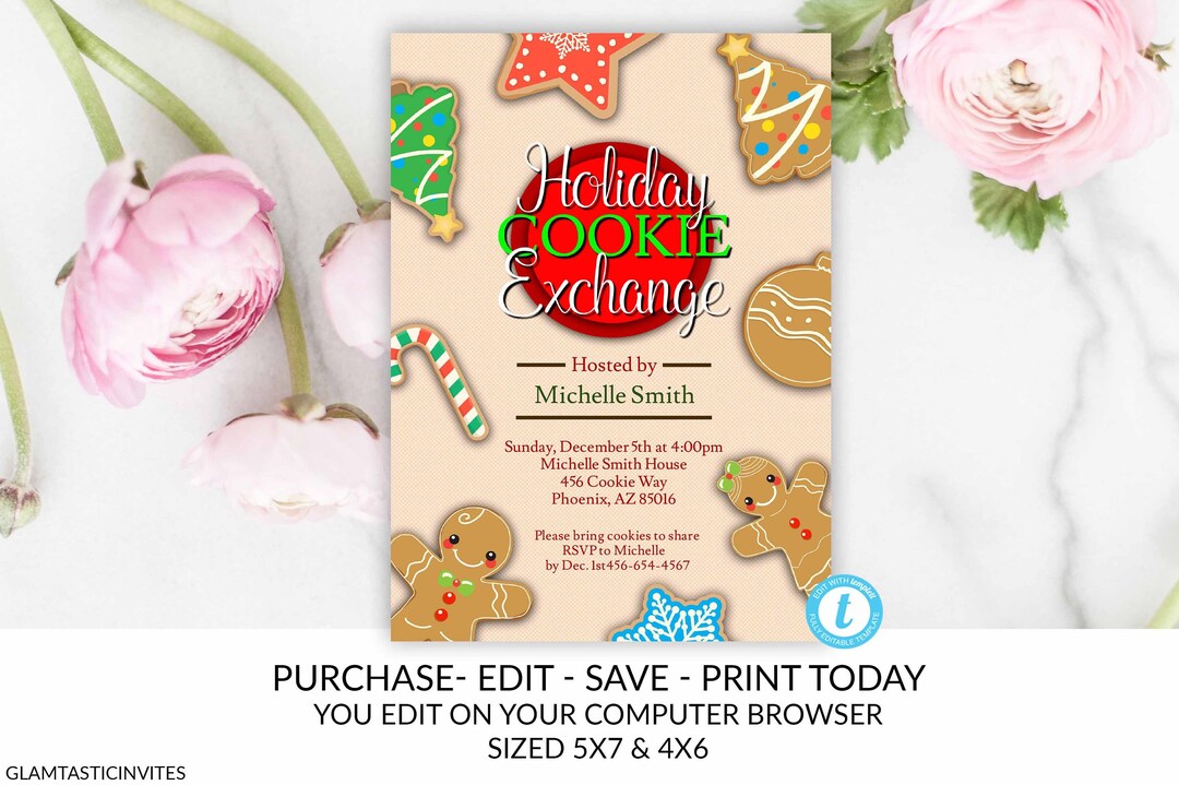 Christmas Holiday Cookie Exchange Party Invitation Template Editable