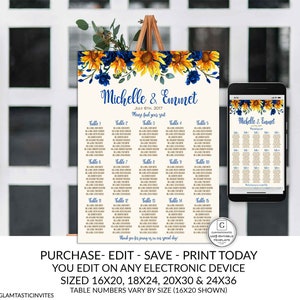 Cobalt Blue Sunflower Wedding Seating Chart Sign Template Editable Printable Cheap DIY Wedding Decor Rustic Country EDIT YOURSELF Sunflowers image 9