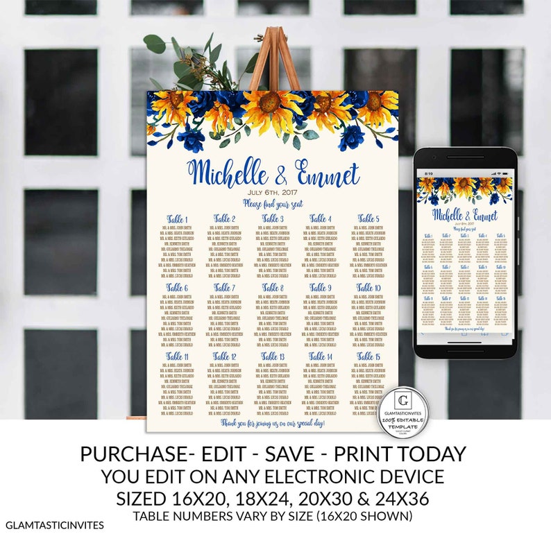 Cobalt Blue Sunflower Wedding Seating Chart Sign Template Editable Printable Cheap DIY Wedding Decor Rustic Country EDIT YOURSELF Sunflowers image 9