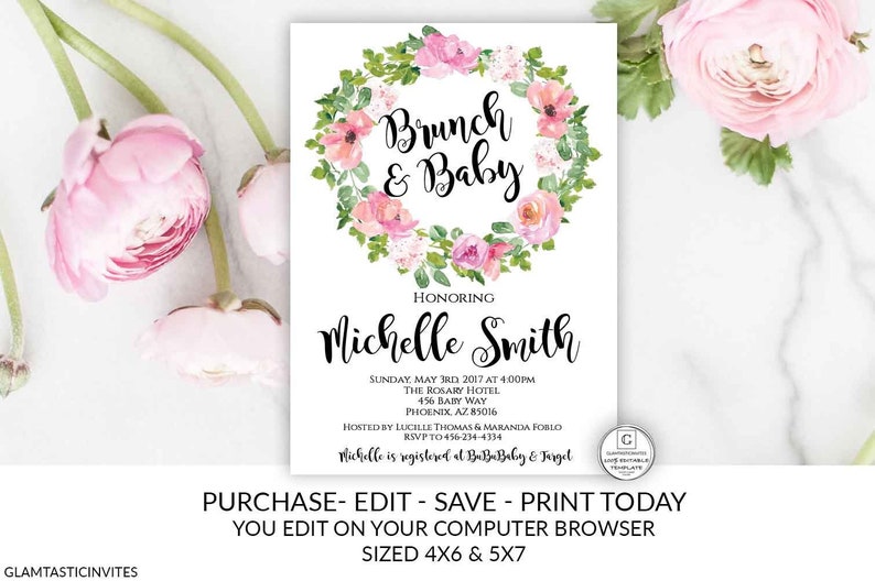 Greenery Pink Baby Brunch Invitation Editable Printable Floral Etsy