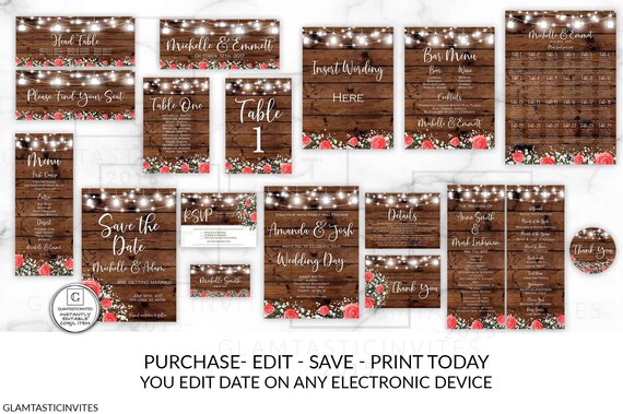 Printable Rustic Wedding Invitation, Red Rose Wedding Invitation, DIY Instant Download, Wedding Invitation Suite, Wedding Invite Template Il_570xn
