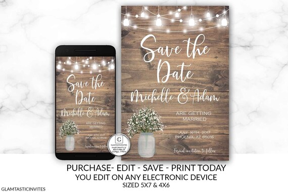Rustic Save-The-Dates, Printable Rustic Save the Date Template, Save the Date, Rustic Wedding, Mason Jar, Printable Save the Date Template Il_570xn