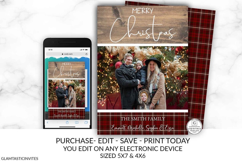 Rustic Plaid Christmas Family Photo Card Country Vintage Holiday Card Template DIY Merry Christmas Editable Family Holiday Card Printable image 1