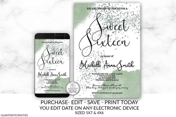 Sage Green Glitter Sweet Sixteen Birthday Party Invitation Template, Editable, Sweet 16, Instant download, Sage Green, Sweet Sixteen, DIY Il_570xn