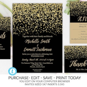 Black and Gold Wedding Invitation Template, Gold Glitter, Gold Wedding Invitation, Wedding Invitation Suite Template, Instant Download, DIY