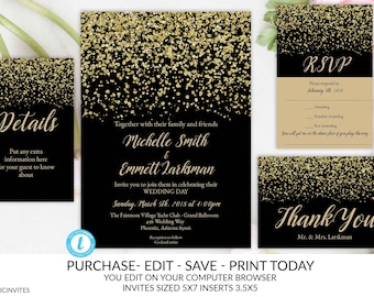 Black and Gold Wedding Invitation Template, Gold Glitter, Gold Wedding Invitation, Wedding Invitation Suite Template, Instant Download, DIY